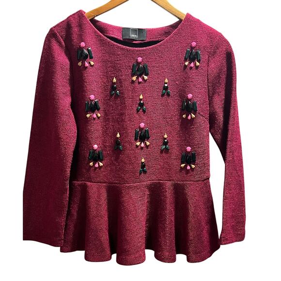 Dolce Vita Anthropologie Women's Gem Peplum Top Knit Burgundy Sweater sz Lg - Picture 2 of 9